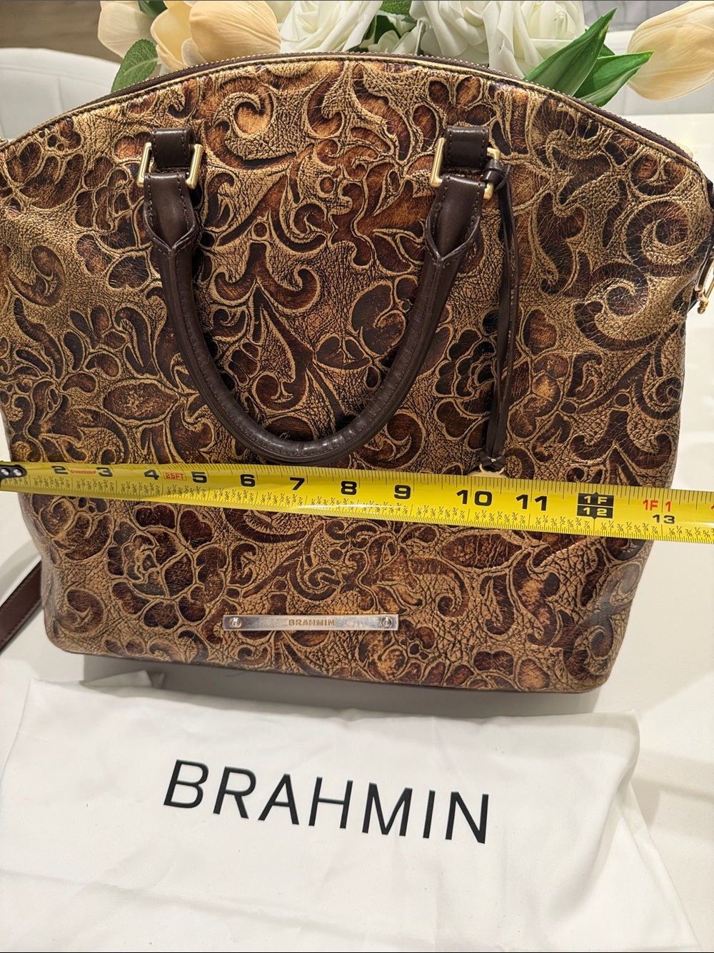 Brahmin Large Duxbury Metallic Floral Embossed Satchel in Brown and Gold - Picture 7 of 17